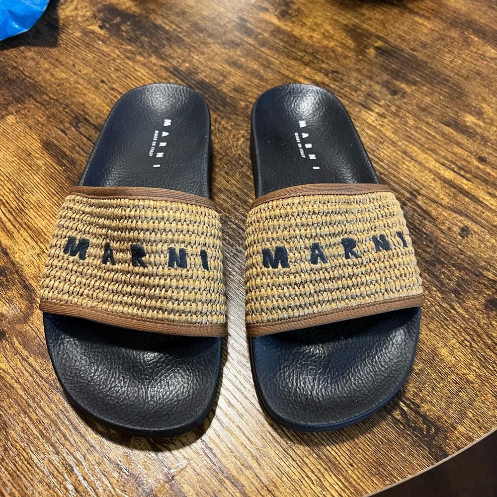 Marni Raffia Slides - Marni Black and Brown Woven Slides